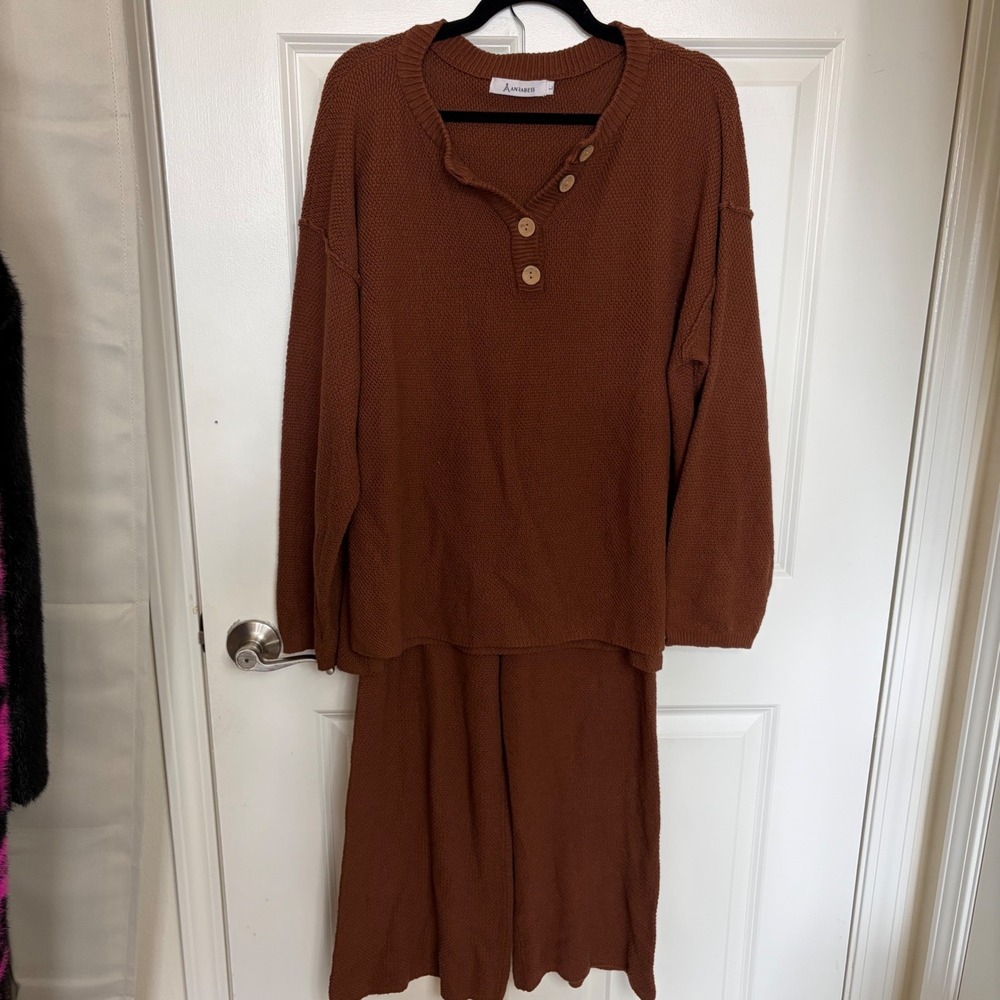 Anrabess Womens 2 Piece Sweater Set Rust Brown Henley Top Wide Leg Pants Size L